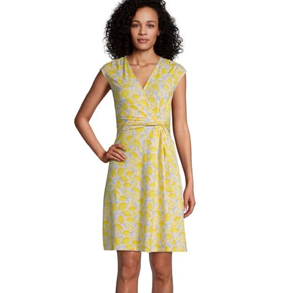 Lands’ End V-Neck Gathered Faux-Wrap Dress In Yellow Lemon Check Size Medium - Picture 1 of 9